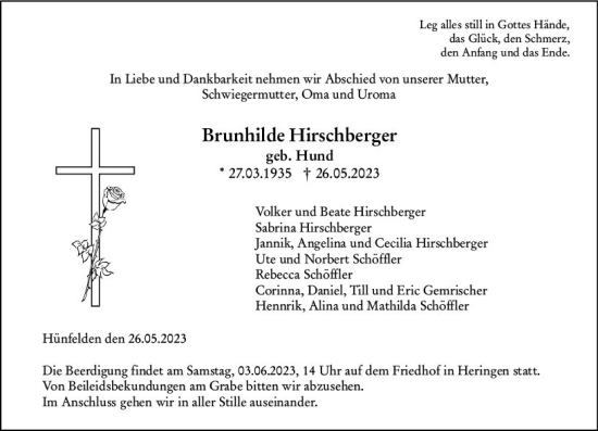 Traueranzeige von Brunhilde Hirschberger von Nassauische Neue Presse