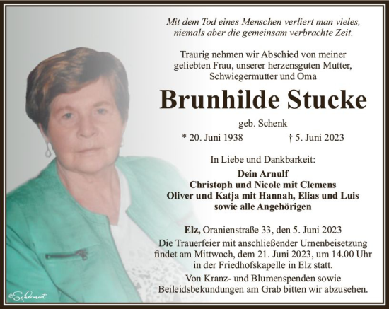 Traueranzeige von Brunhilde Stucke von Nassauische Neue Presse