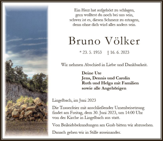 Traueranzeige von Bruno Völker von Oberhessen Kurier