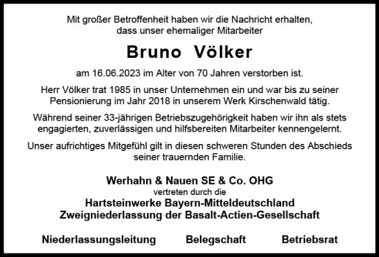 Traueranzeige von Bruno Völker von VRM Trauer