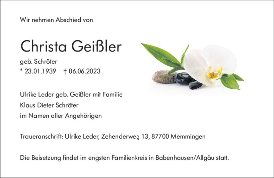 Traueranzeige von Christa Geißler von Wetzlarer Neue Zeitung