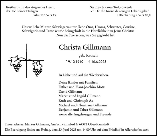 Traueranzeige von Christa Gillmann von Darmstädter Echo