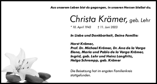 Traueranzeige von Christa Krämer von Wiesbadener Kurier