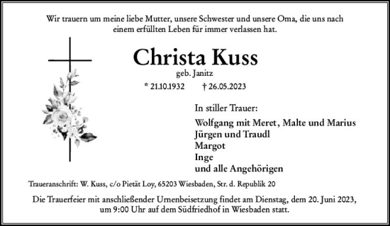 Traueranzeige von Christa Kuss von Wiesbadener Kurier
