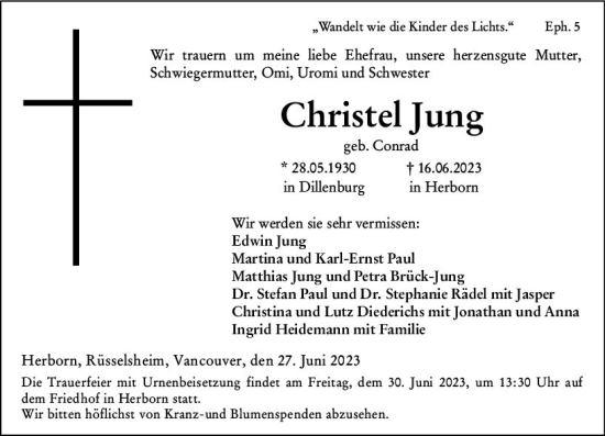 Traueranzeige von Christel Jung von Dill Block