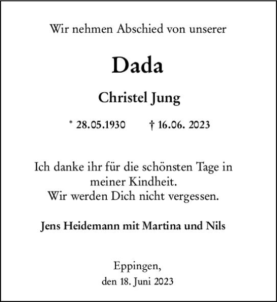 Traueranzeige von Christel Jung von Dill Block
