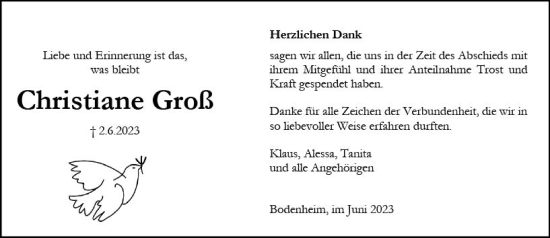 Traueranzeige von Christiane Groß von Allgemeine Zeitung Mainz