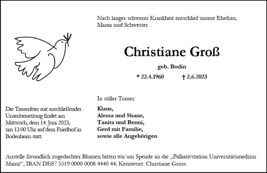 Traueranzeige von Christiane Groß von Allgemeine Zeitung Mainz