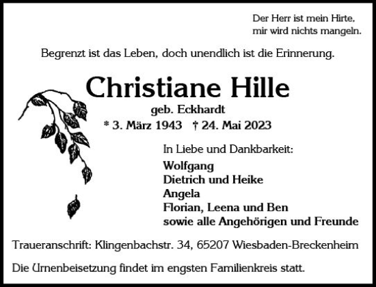 Traueranzeige von Christiane Hille von Wiesbadener Kurier