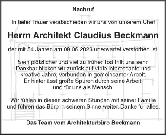 Traueranzeige von Claudius Beckmann von Wiesbadener Kurier