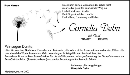 Traueranzeige von Cornelia Dehn von VRM Trauer