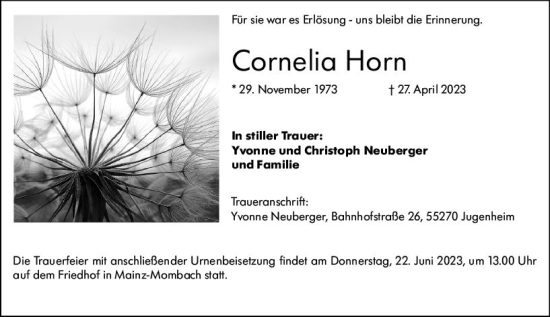 Traueranzeige von Cornelia Horn von Allgemeine Zeitung Mainz