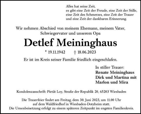 Traueranzeige von Detlef Meininghaus von Wiesbadener Kurier