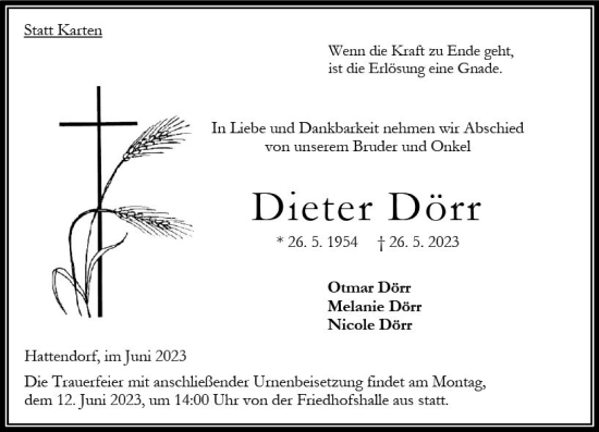 Traueranzeige von Dieter Dörr von VRM Trauer