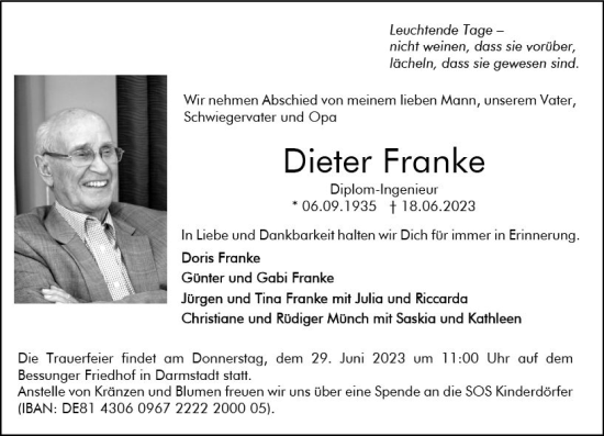 Traueranzeige von Dieter Franke von Darmstädter Echo
