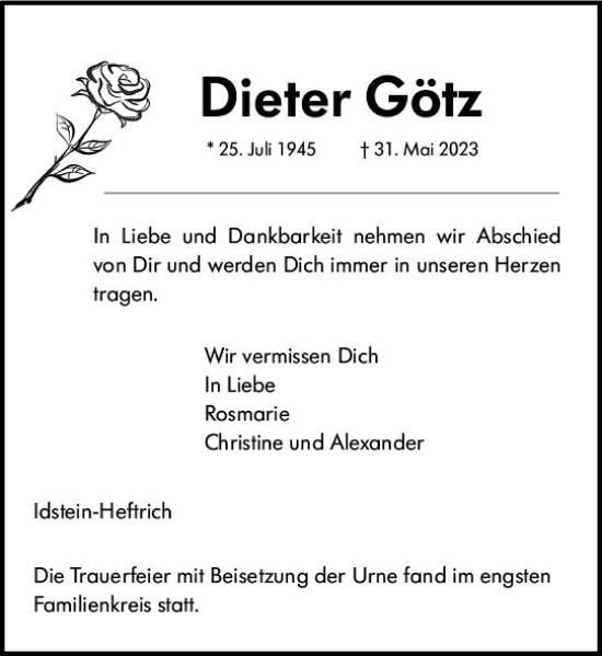 Traueranzeige von Dieter Götz von Idsteiner Land/Untertaunus