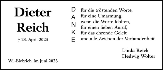 Traueranzeige von Dieter Reich von Wiesbadener Kurier