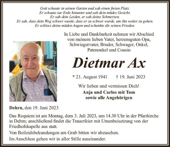 Traueranzeige von Dietmar Ax von Nassauische Neue Presse