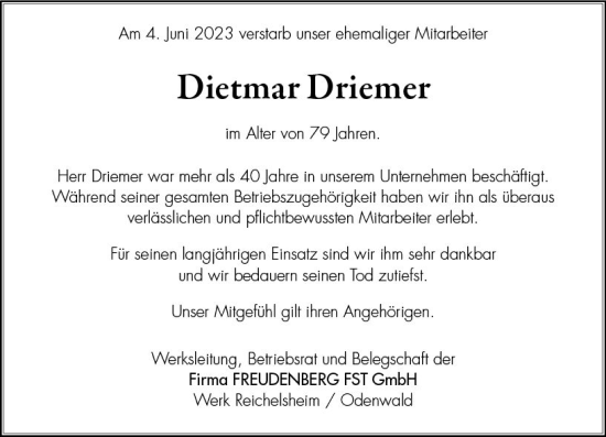 Traueranzeige von Dietmar Driemer von Odenwälder Echo