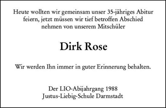 Traueranzeige von Dirk Rose von Darmstädter Echo