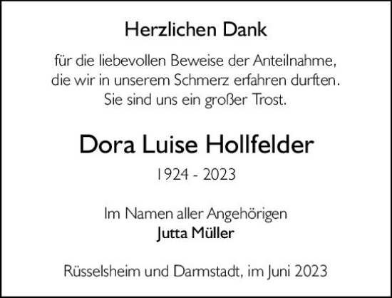 Traueranzeige von Dora Luise Hollfelder von Rüsselsheimer Echo
