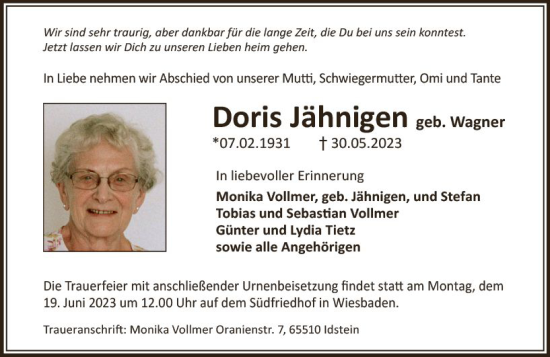 Traueranzeige von Doris Jähnigen von Wiesbadener Kurier