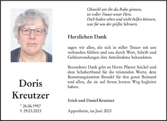 Traueranzeige von Doris Kreutzer von Allgemeine Zeitung Bingen/Ingelheim
