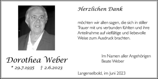 Traueranzeige von Dorothea Weber von Rüsselsheimer Echo