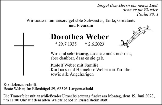 Traueranzeige von Dorothea Weber von Rüsselsheimer Echo