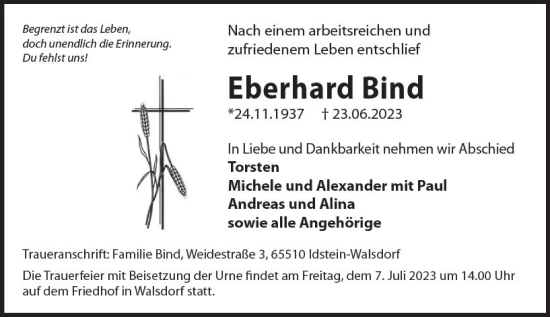 Traueranzeige von Eberhard Bind von Camberger Anzeiger