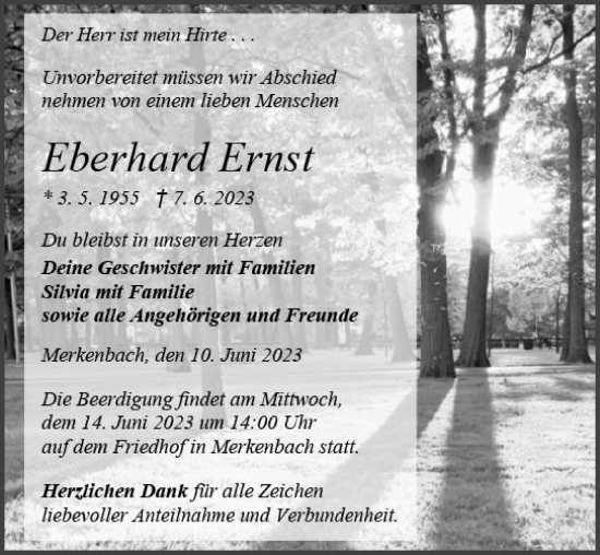 Traueranzeige von Eberhard Ernst von Dill Block