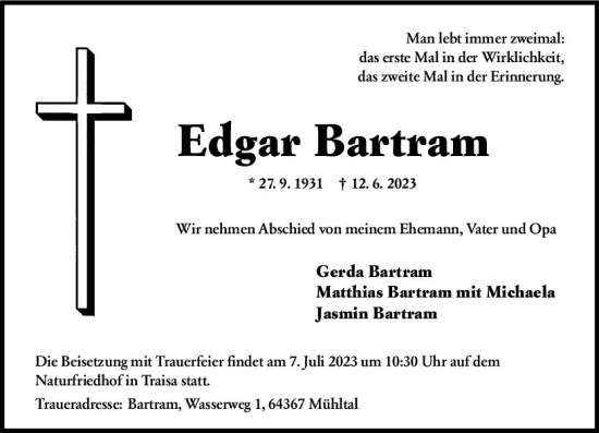 Traueranzeige von Edgar Bartram von Darmstädter Echo