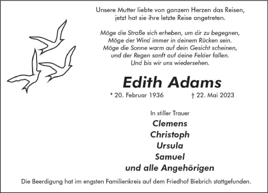 Traueranzeige von Edith Adams von Wiesbadener Kurier