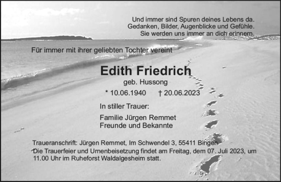 Traueranzeige von Edith Friedrich von Bingen/Ingelheim WOBL inkl. Neue Binger Ztg.