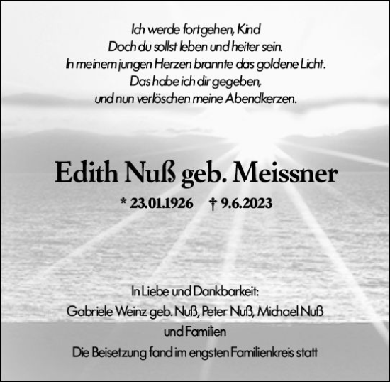 Traueranzeige von Edith Nuß von Darmstädter Echo