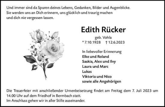 Traueranzeige von Edith Rücker von Weilburger Tageblatt