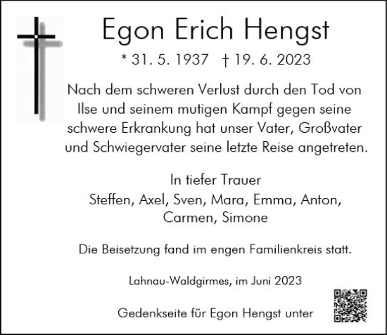 Traueranzeige von Egon Erich Hengst von Wetzlarer Neue Zeitung