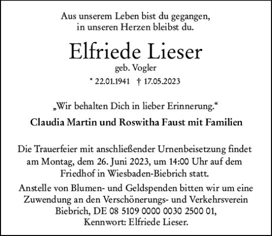 Traueranzeige von Elfriede Lieser von Wiesbadener Kurier