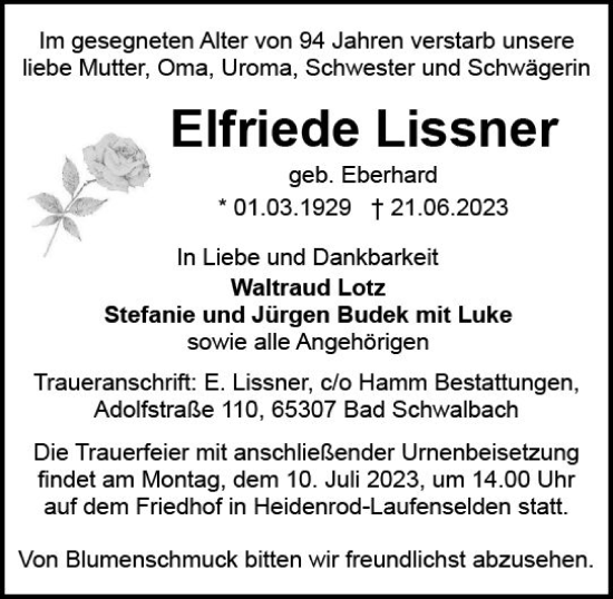 Traueranzeige von Elfriede Lissner von Wiesbadener Kurier