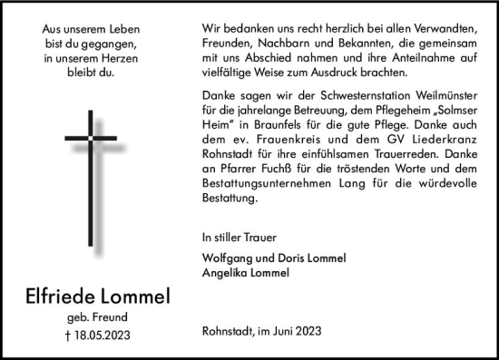 Traueranzeige von Elfriede Lommel von Weilburger Tageblatt