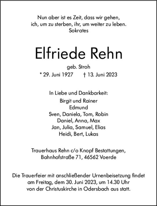 Traueranzeige von Elfriede Rehn von Weilburger Tageblatt