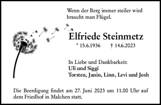 Traueranzeige von Elfriede Steinmetz von Darmstädter Echo
