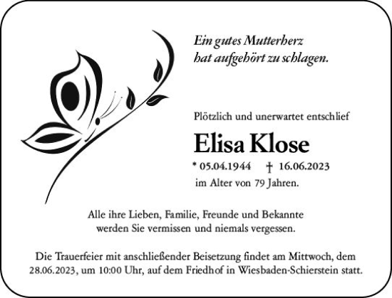 Traueranzeige von Elisa Klose von Wiesbadener Kurier