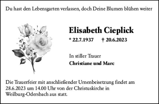 Traueranzeige von Elisabeth Cieplick von Weilburger Tageblatt