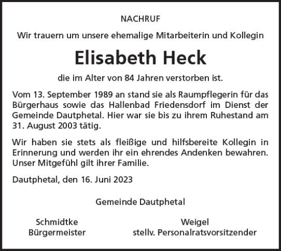 Traueranzeige von Elisabeth Heck von Hinterländer Anzeiger