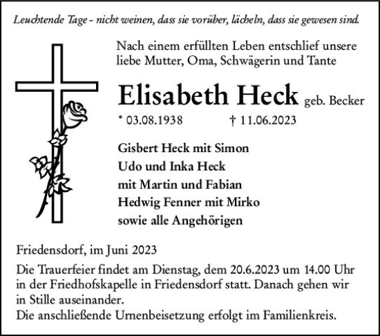 Traueranzeige von Elisabeth Heck von Hinterländer Anzeiger