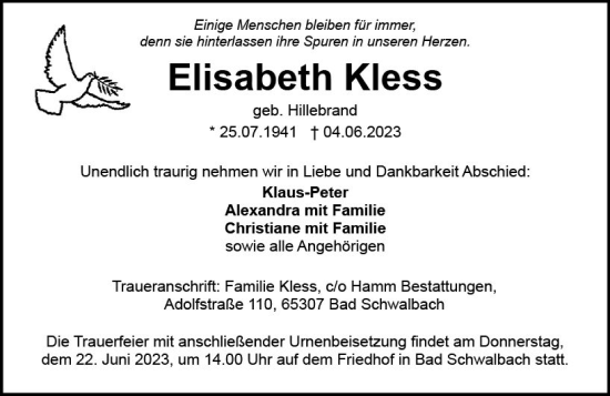Traueranzeige von Elisabeth Kless von Wiesbadener Kurier