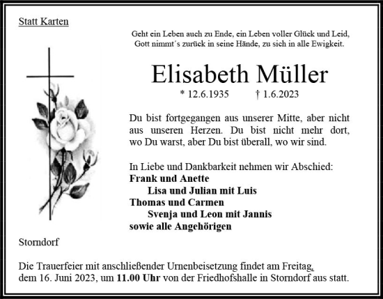 Traueranzeige von Elisabeth Müller von VRM Trauer
