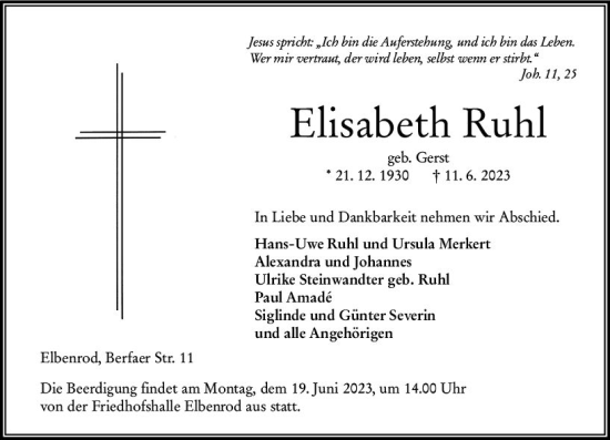 Traueranzeige von Elisabeth Ruhl von VRM Trauer