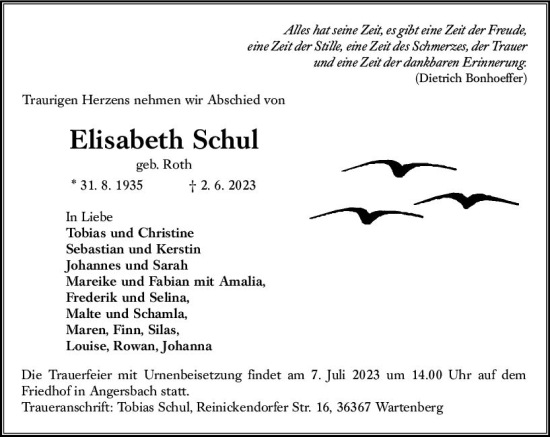 Traueranzeige von Elisabeth Schul von VRM Trauer